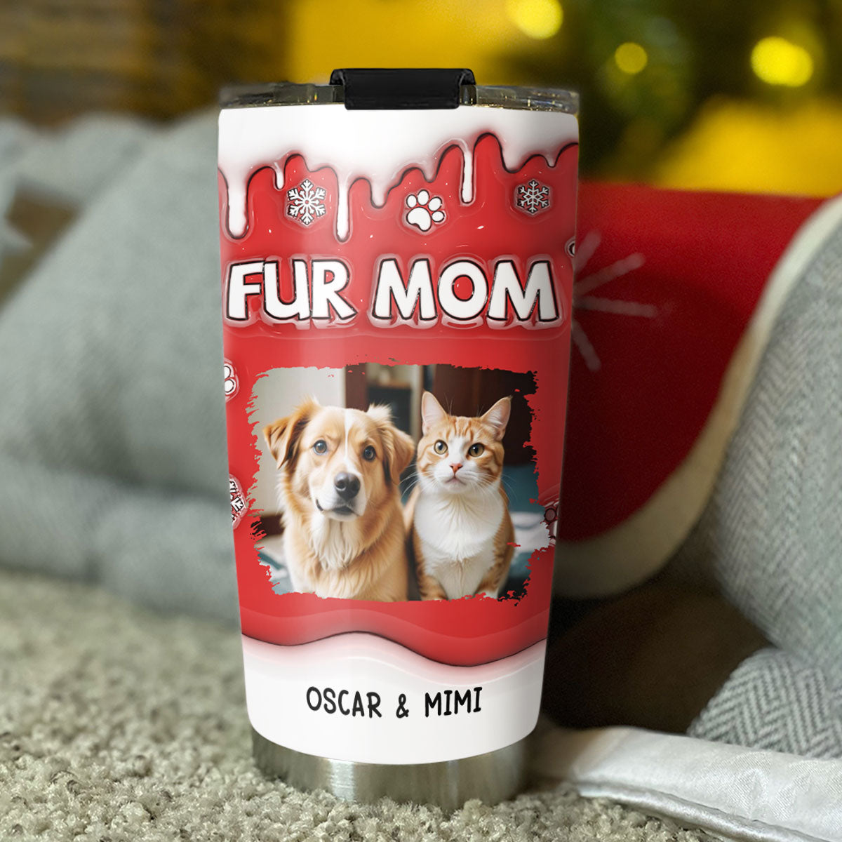 Custom Mother's day Birthday Gifts For Pet Mom, Pet Lovers • Christmas Mom Of Pets Photo - Personalized 3D Inflated Effect Tumbler