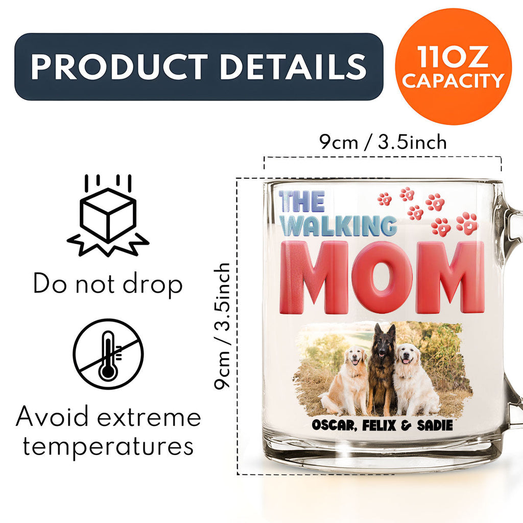 Custom Photo Mother's day Birthday Gifts For Dog Mom, Dog Lovers • Lovely Walking Mom Cartoon Photo - Personalized Glass Mug