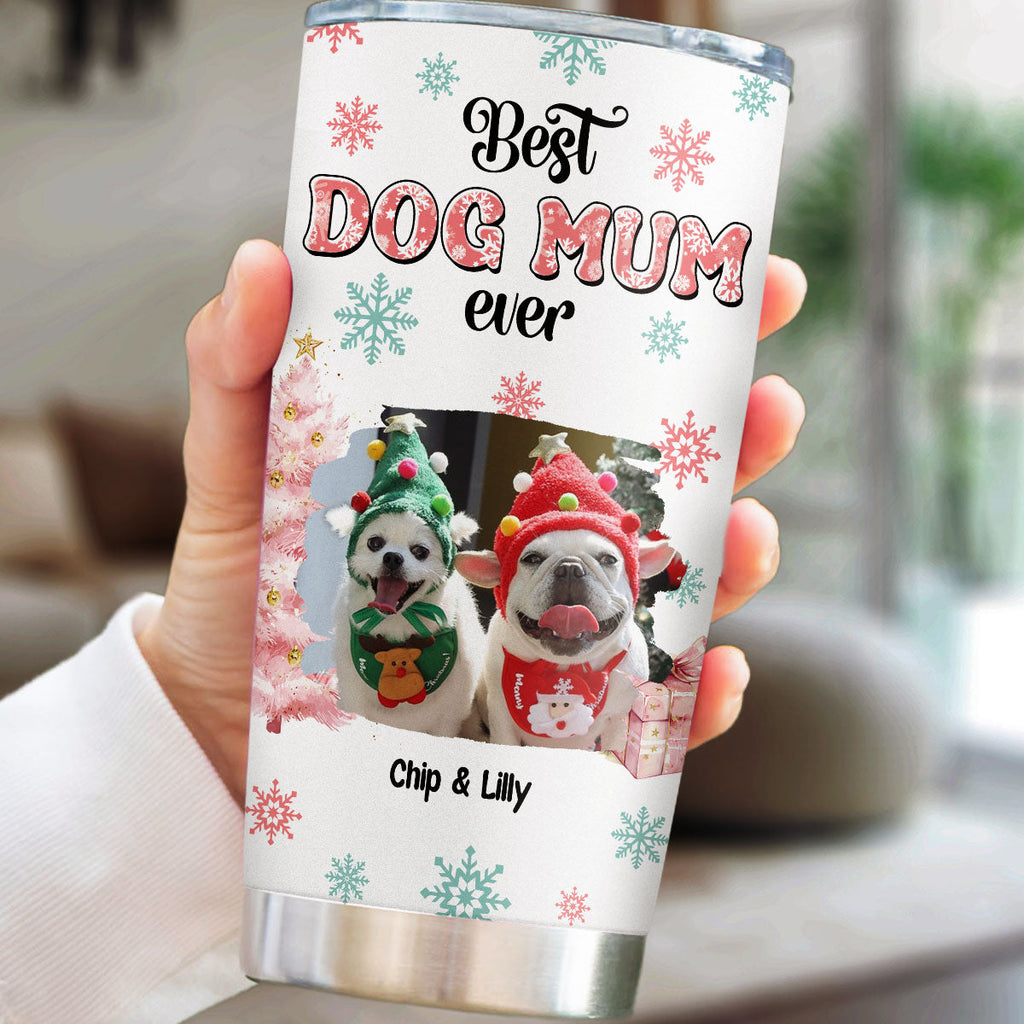 Custom Photo Christmas Birthday Gifts For Dog Mom, Dog Lovers • Cozy Dog Mom In Winter Photo - Personalized Tumbler