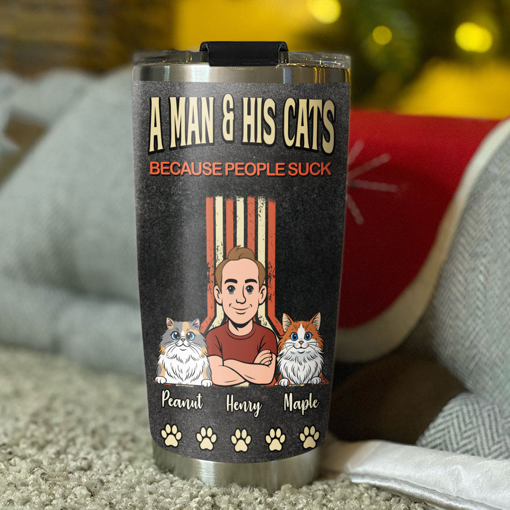 Custom Father's day Birthday Gifts For Pet Dad, Pet Lovers • A Man And His Retro Cat - Personalized Tumbler