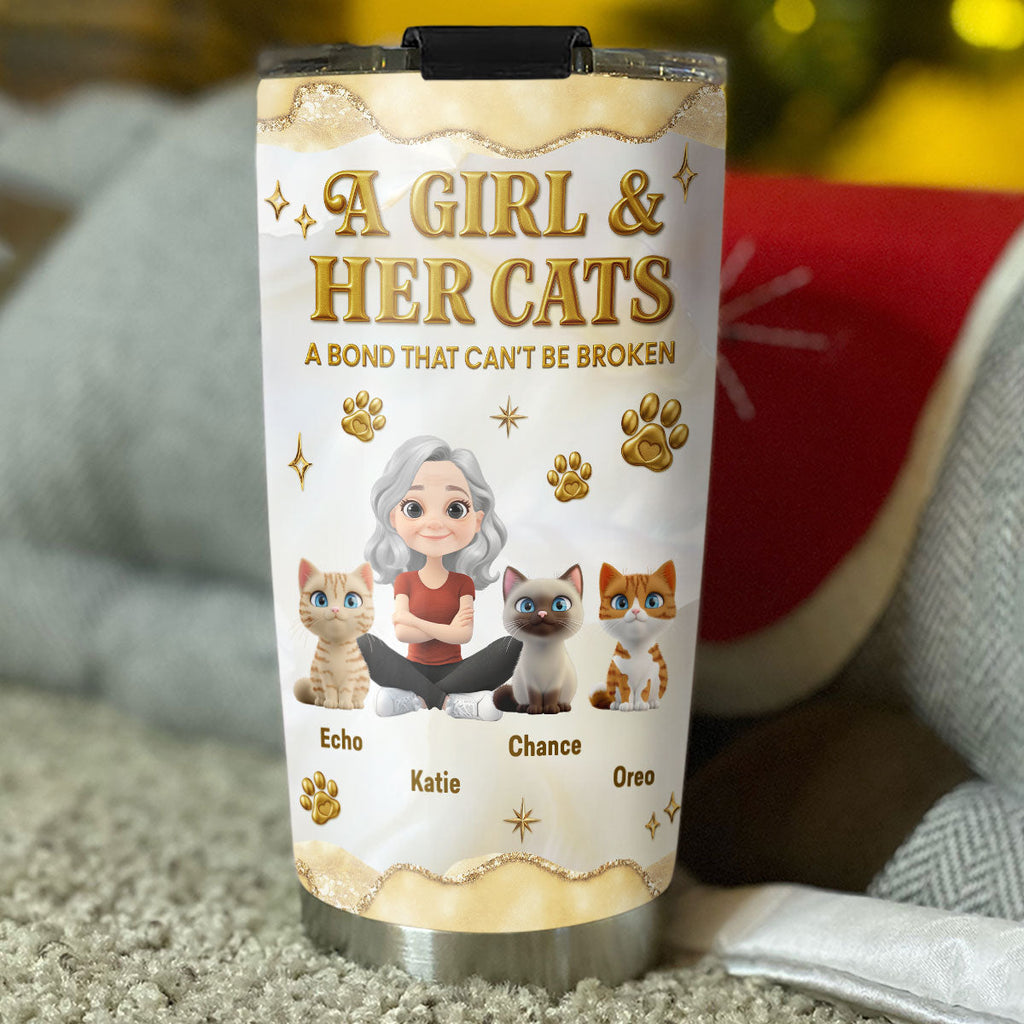 Custom Christmas Birthday Gifts For Cat Mom, Cat Lovers • Girl And Cat Yellow - Personalized 3D Effect Tumbler