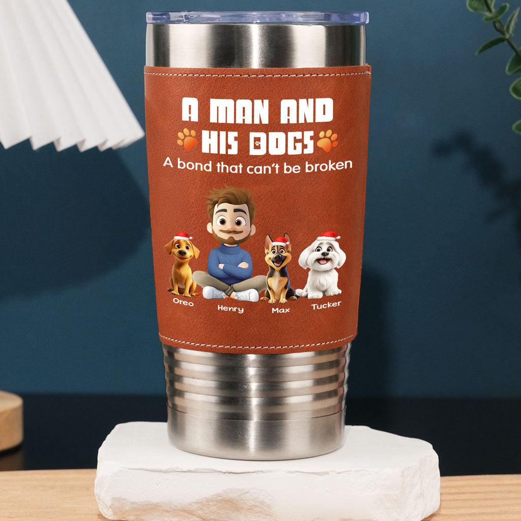 Custom Christmas Birthday Gifts For Dog Lovers • Human And Their Dog Cartoon Christmas - Personalized Leather Tumbler