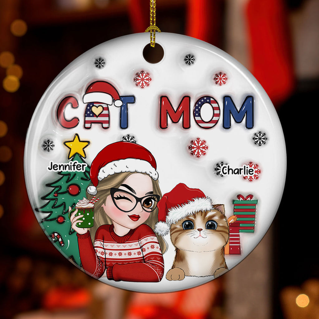 American Cat Mom Christmas - Personalized 3D Inflated Effect Ceramic Ornament