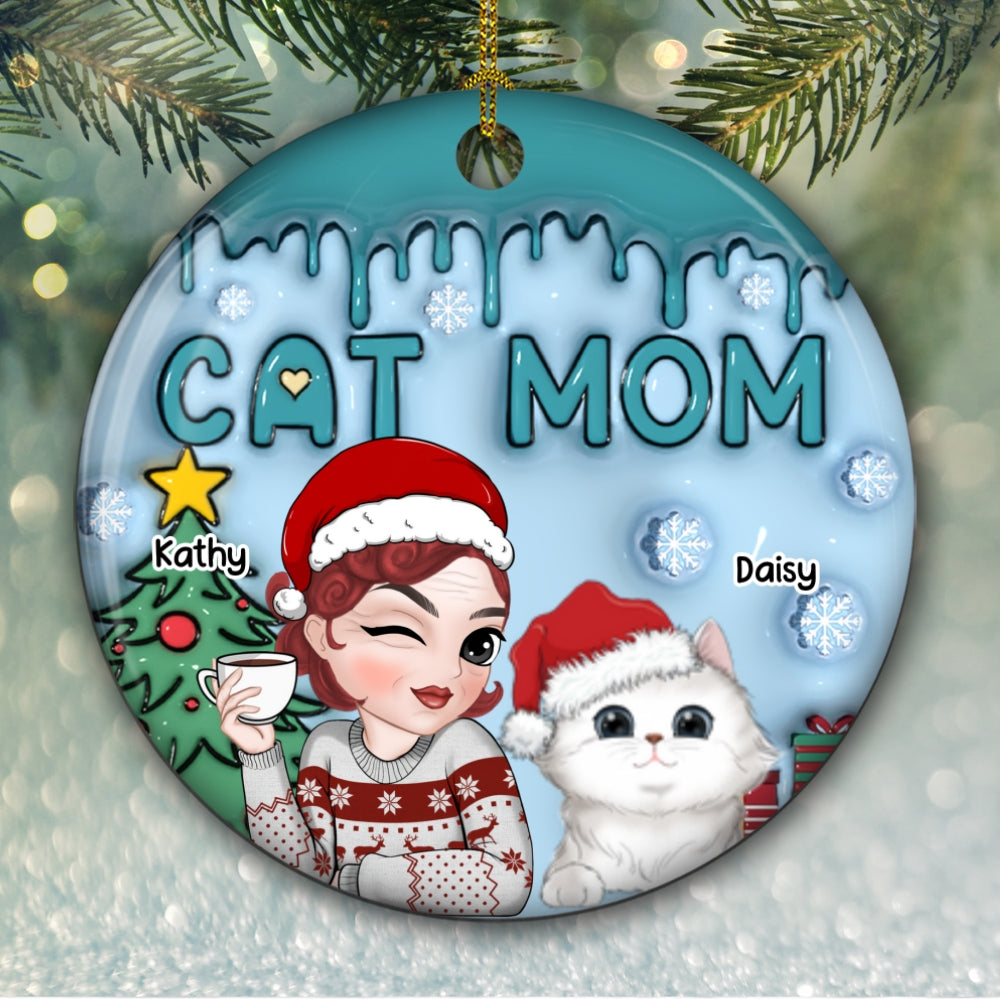 Custom Christmas Decor Home Birthday Gifts For Cat Mom, Cat Lovers • Lovely Cat Mom - Personalized 3D Inflated Effect Ceramic Ornament