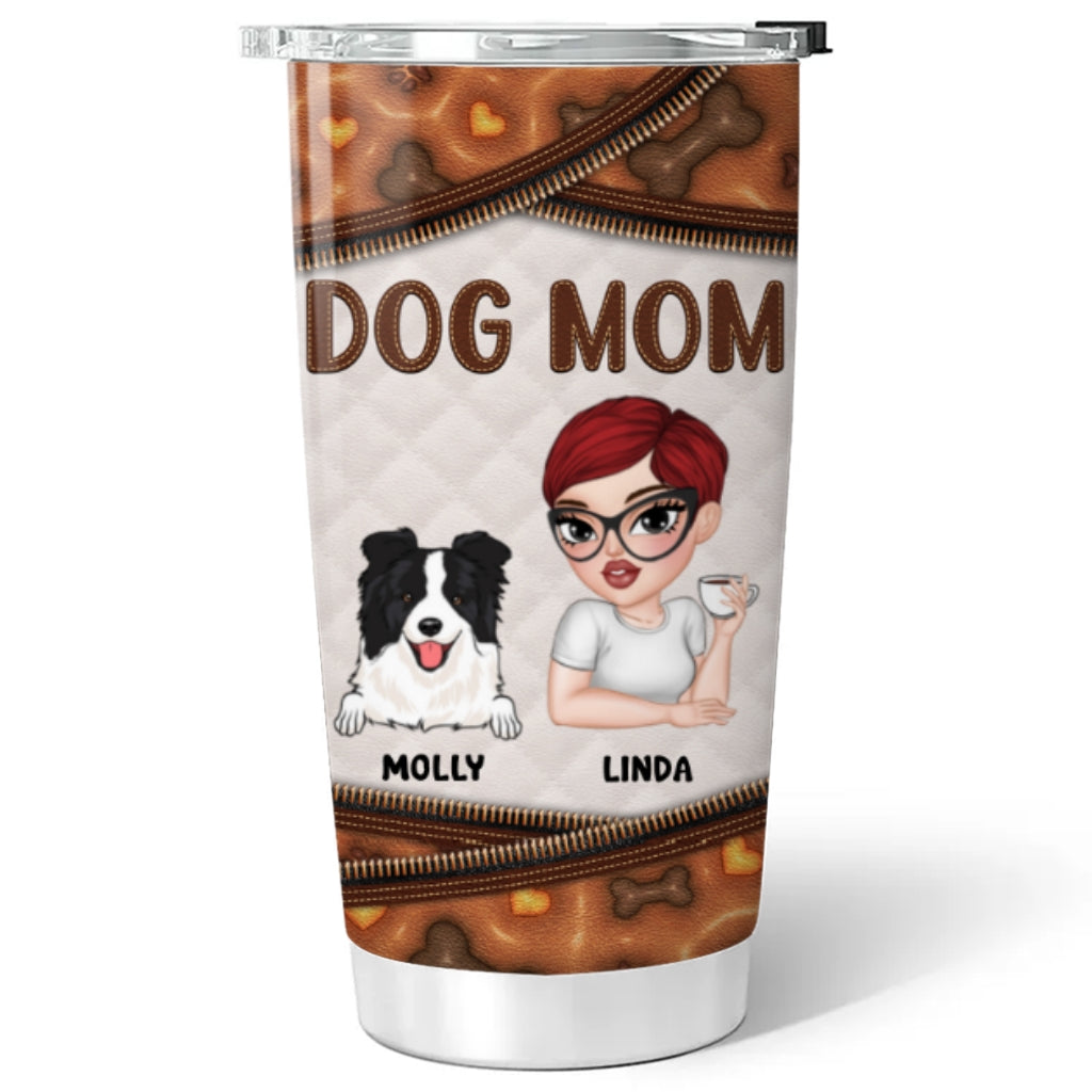 Custom Mother's day Birthday Gifts For Pet Mom, Pet Lovers • Leather Lovely Dog Mom - Personalized 3D Inflated Effect Tumbler