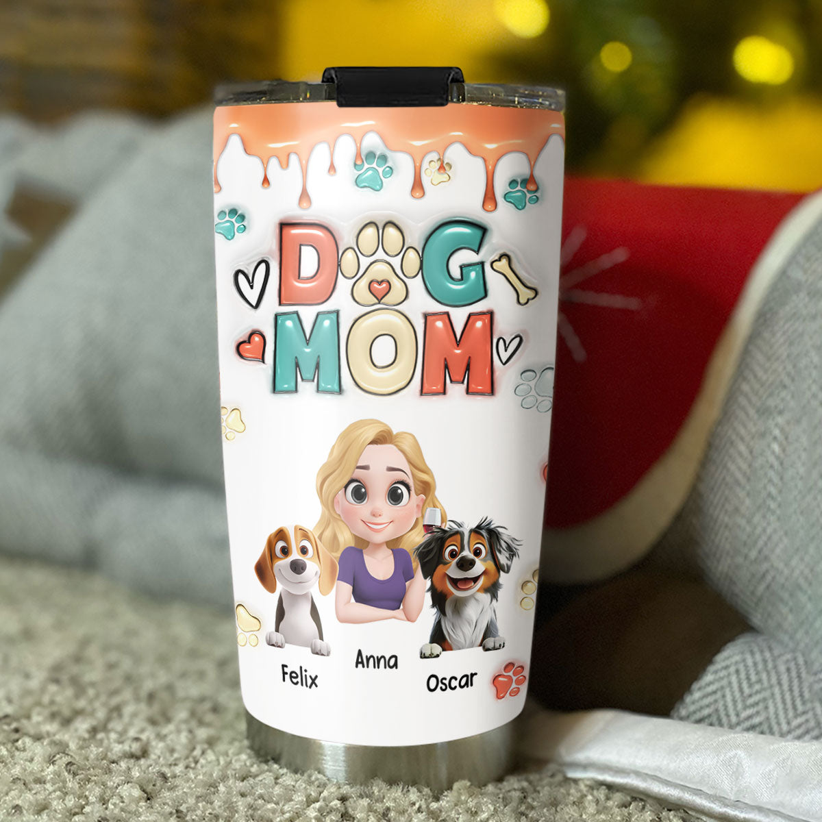 Custom Christmas Birthday Gifts For Pet Mom, Pet Lovers • Mom Of Dogs Cartoon- Personalized 3D Inflated Effect Tumbler