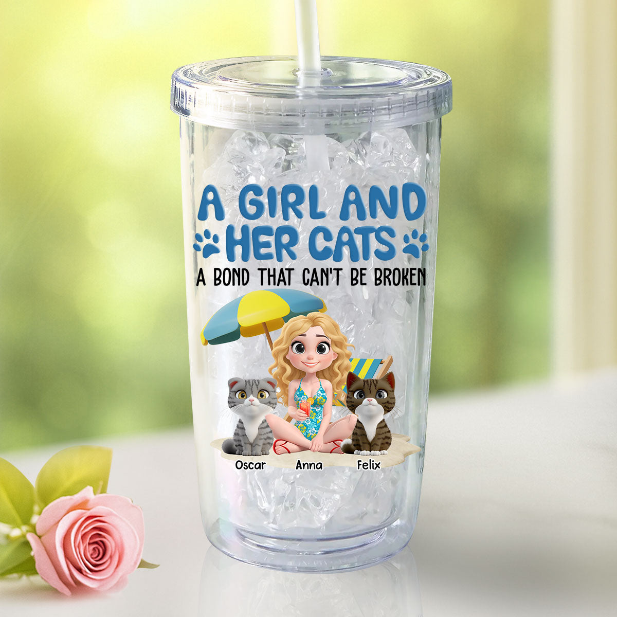 Custom Christmas Birthday Gifts For Cat Mom, Cat Lovers • A Girl And Her Cats - Personalized 14oz Plastic Tumbler