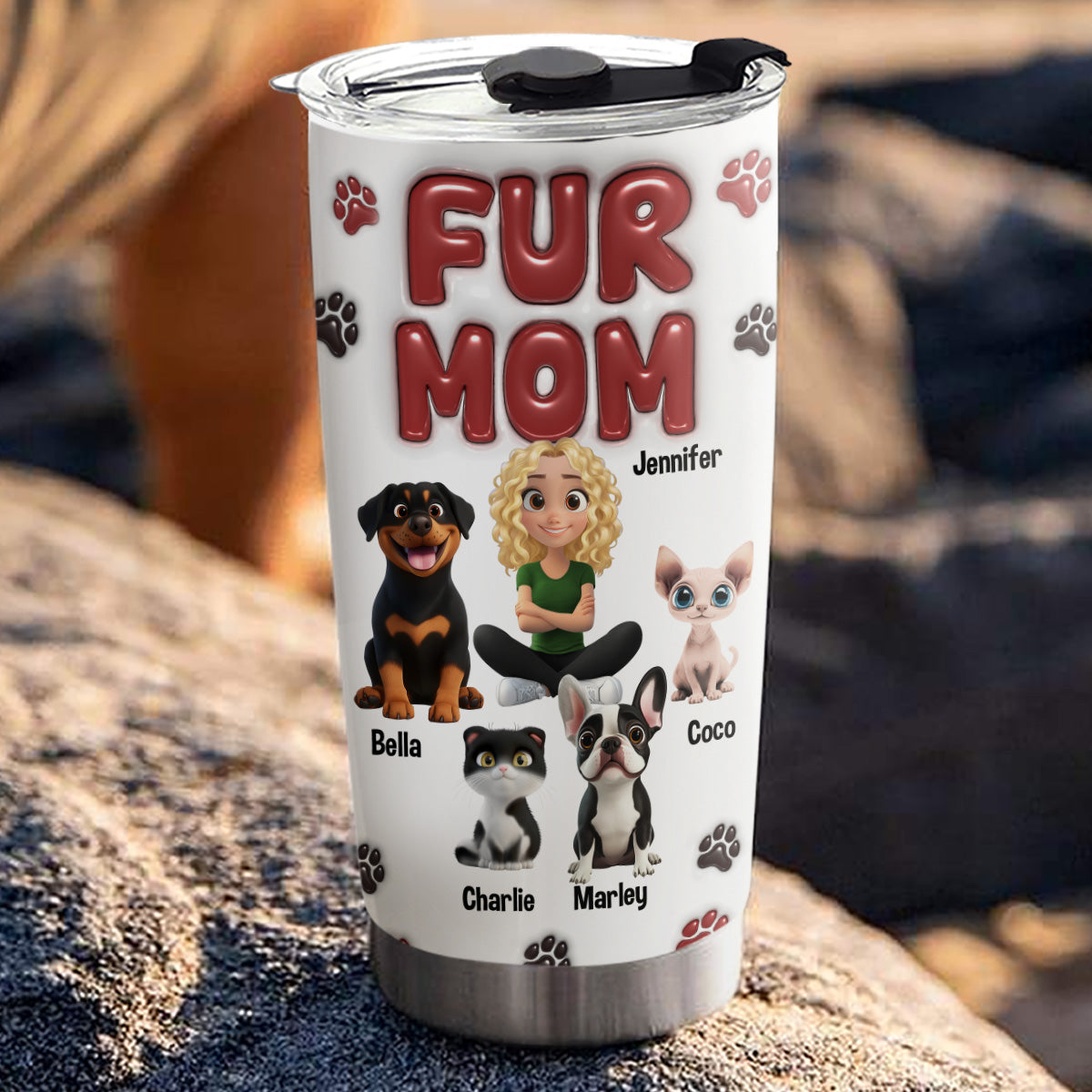 Custom Mother's day Birthday Gifts For Cat Mom, Cat Lovers • Lovely Fur Mama - Personalized 3D Inflated Effect Tumbler