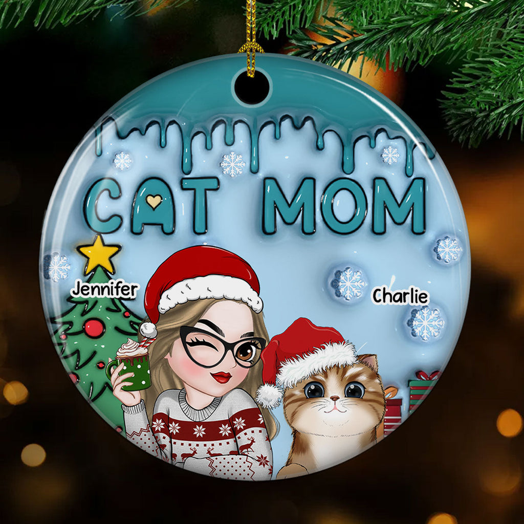 Custom Christmas Decor Home Birthday Gifts For Cat Mom, Cat Lovers • Lovely Cat Mom - Personalized 3D Inflated Effect Ceramic Ornament