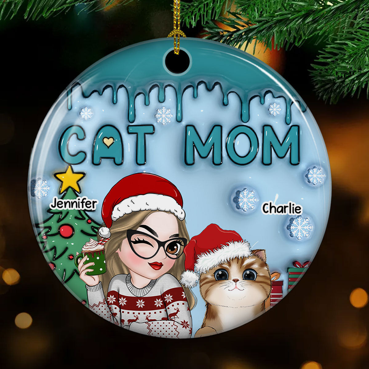 Custom Christmas Decor Home Birthday Gifts For Cat Mom, Cat Lovers • Lovely Cat Mom - Personalized 3D Inflated Effect Ceramic Ornament