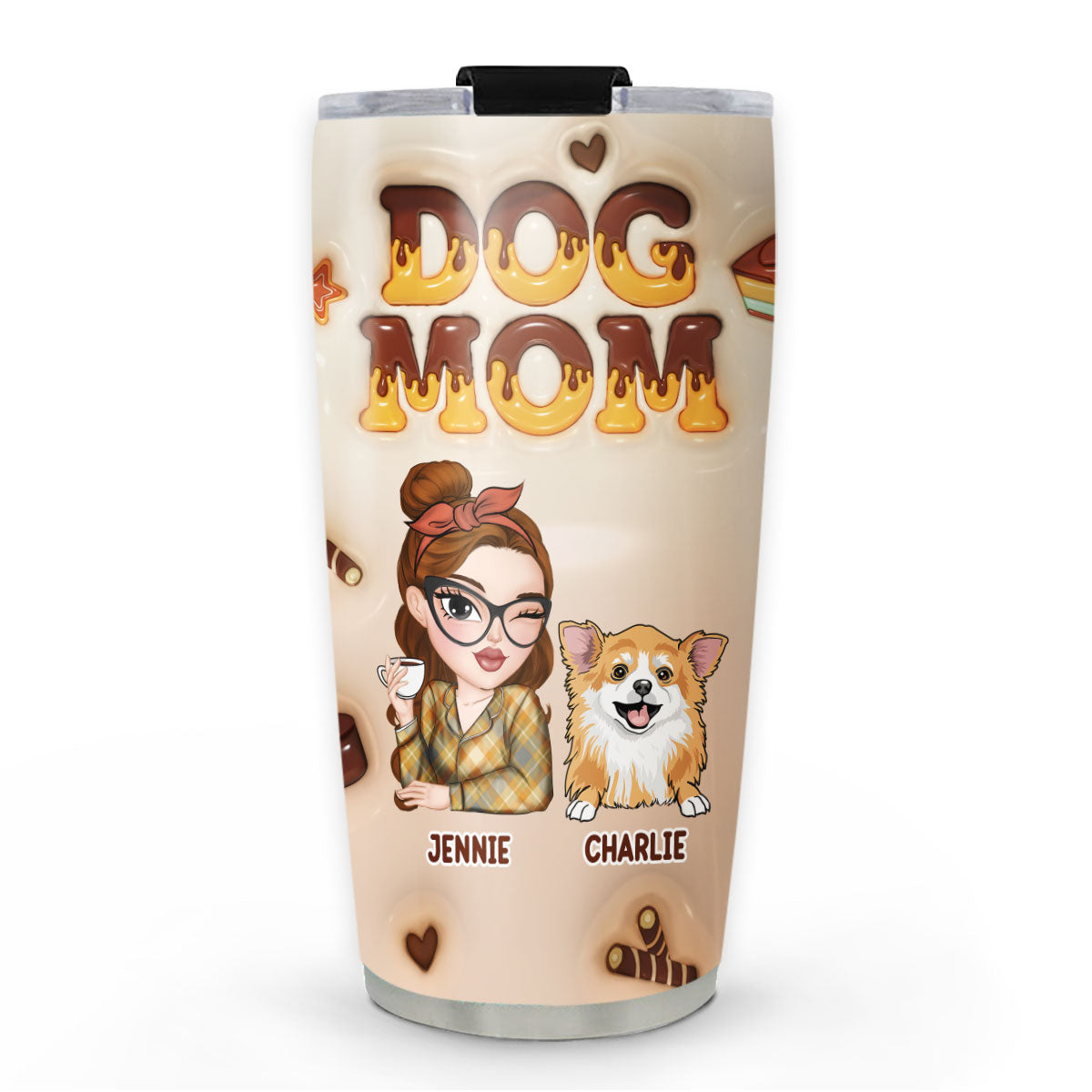 Custom Mother's day Birthday Gifts For Pet Mom, Pet Lovers • Dog Mom Chocolate - Personalized 3D Inflated Effect Tumbler
