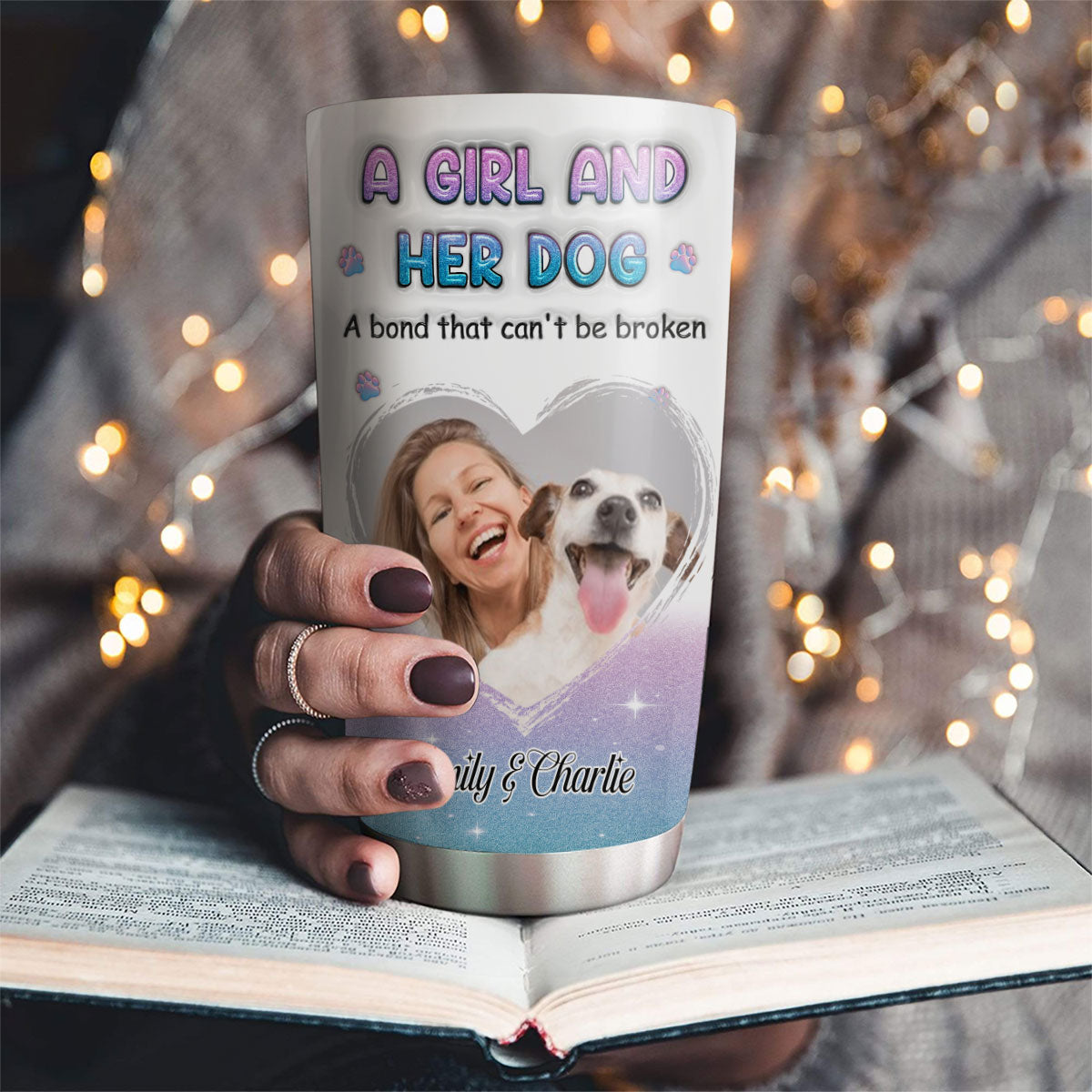 Custom Photo Christmas Birthday Gifts For Dog Mom, Dog Lovers • Blue Glitter Photo - Personalized 3D Inflated Tumbler