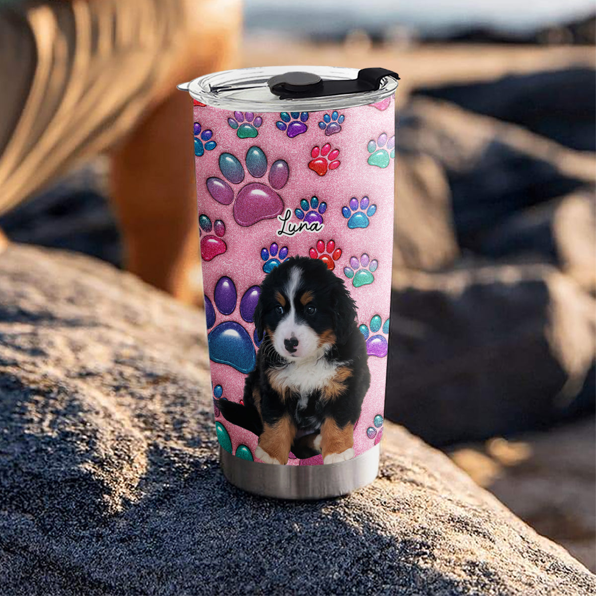 Custom Photo Christmas Birthday Gifts For Dog Mom, Dog Lovers • Glittery Paw Mom Photo - Personalized 3D Inflated Effect Tumbler