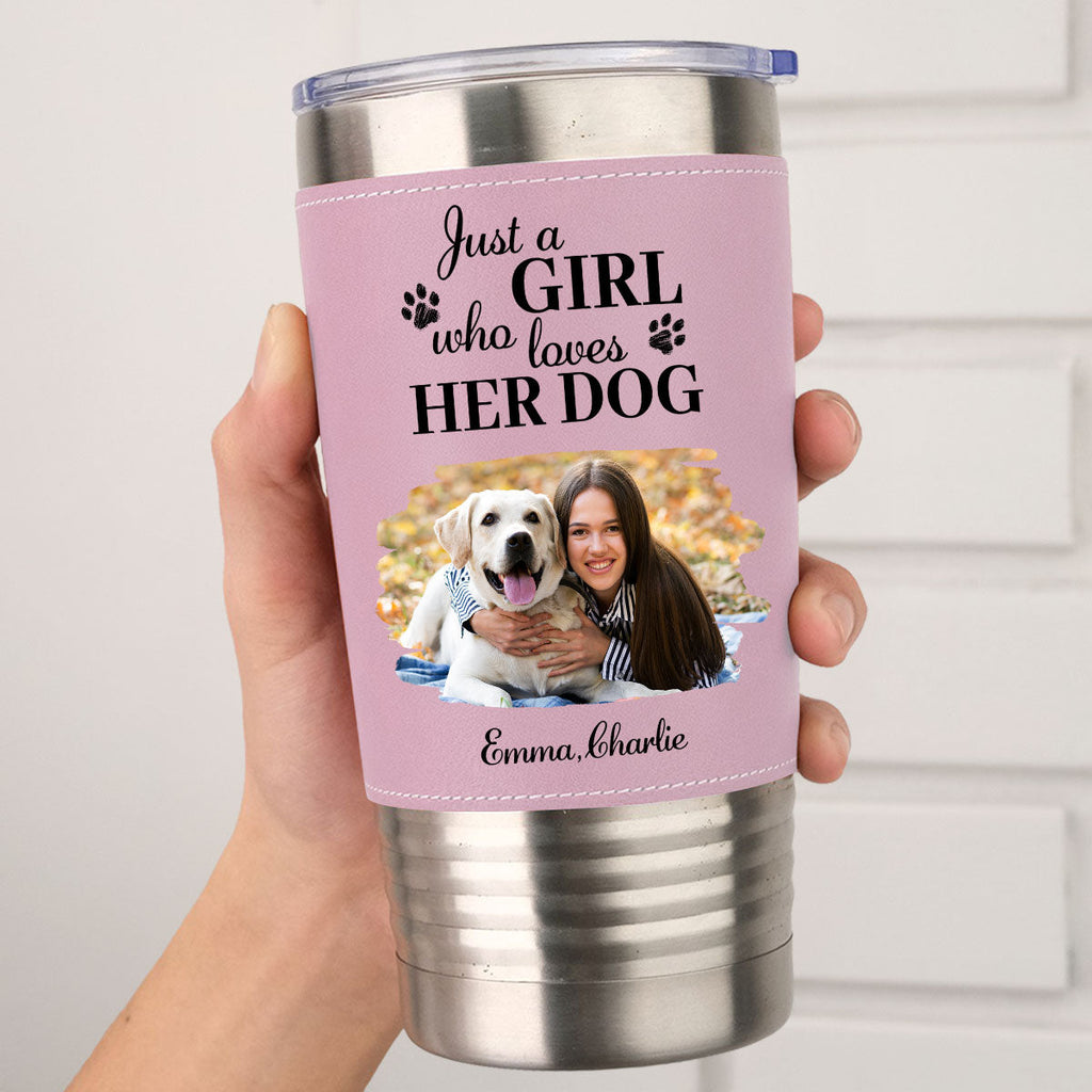 Custom Photo Christmas Birthday Gifts For Dog Mom, Dog Lovers • Pumskin Dog Autumn Photo - Personalized Pink Leather Tumbler