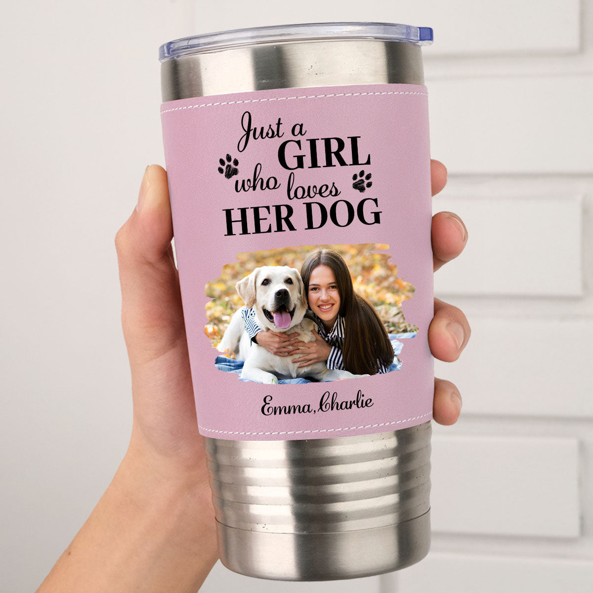 Custom Photo Christmas Birthday Gifts For Dog Mom, Dog Lovers • Pumskin Dog Autumn Photo - Personalized Pink Leather Tumbler