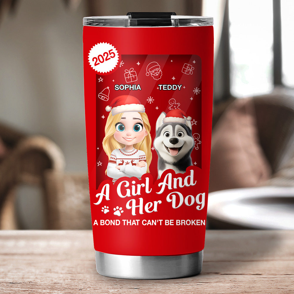 Custom Christmas Birthday Gifts For Dog Mom, Dog Lovers • A Woman And Her Dog Cartoon Christmas - Personalized Tumbler