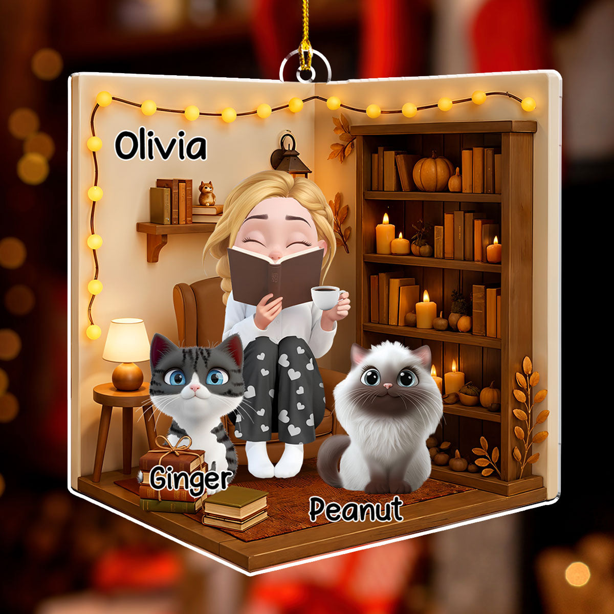 Custom Christmas Decor Home Birthday Gifts For Cat Lovers • Reading Girly And Her Cats - Personalized 3D Effect Acrylic Ornament
