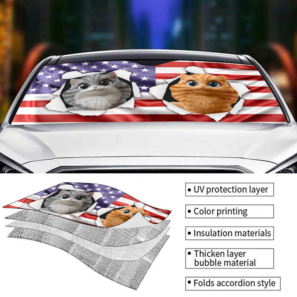 Custom Christmas Birthday Gifts Car Accessories for Cat Parents • God Bless My America - Personalized Car Sunshade