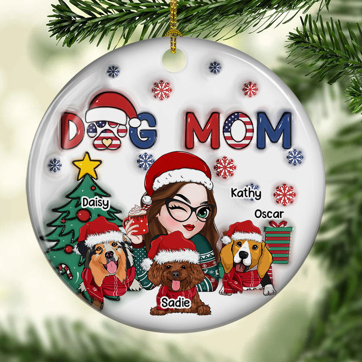 Custom Christmas Decor Home Birthday Gifts For Dog Mom, Dog Lovers • American Dog Mom Christmas - Personalized 3D Inflated Effect Ceramic Ornament