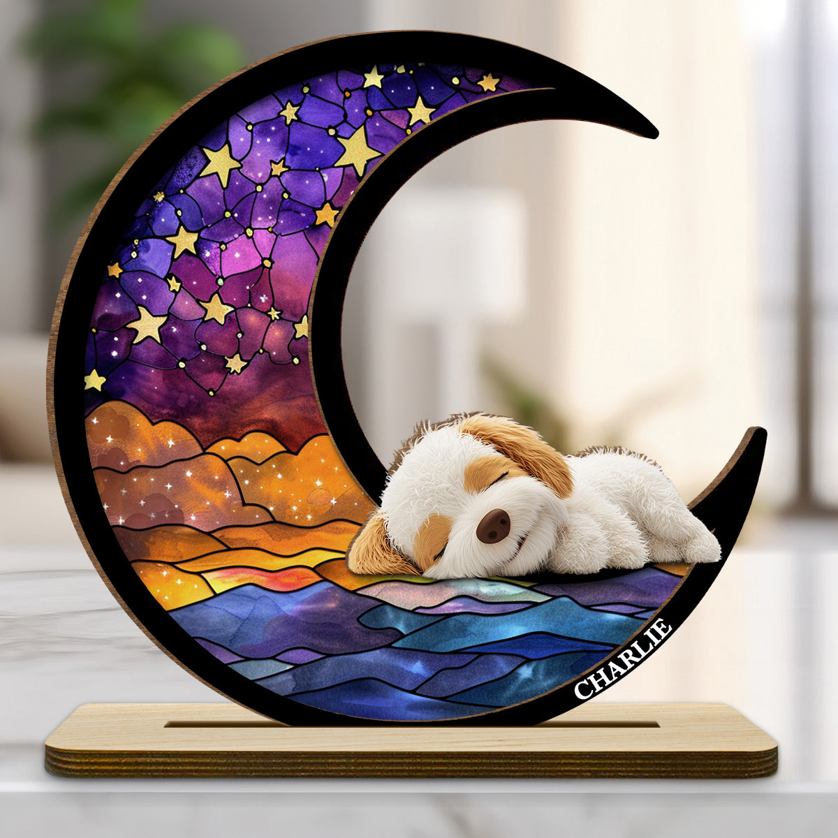 Dog On The Moon - Personalized 2-Layer Wood Plaque With Flat Base