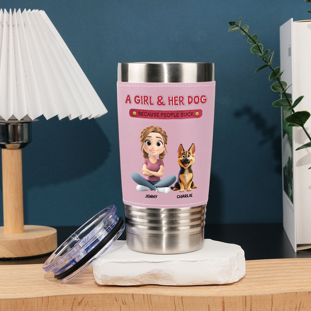 Custom Christmas Birthday Gifts For Dog Mom, Dog Lovers • A Lady And Her Dog - Personalized Pink Leather Tumbler
