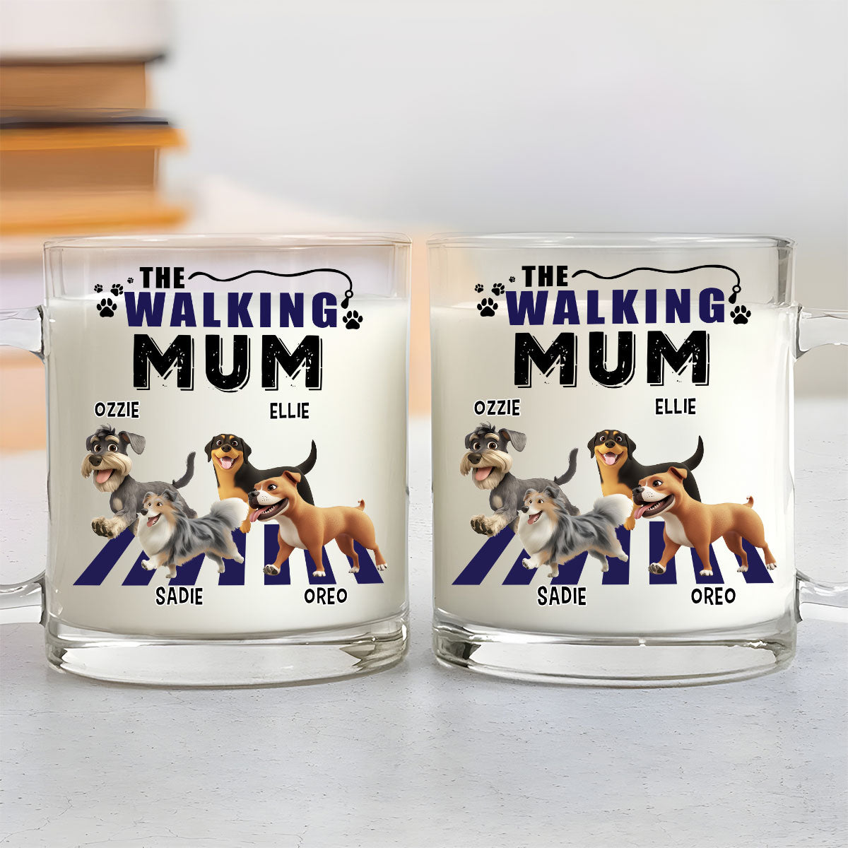 Custom Mother's day Birthday Gifts For Dog Mom, Dog Lovers • Walking Mom Cartoon - Personalized Glass Mug