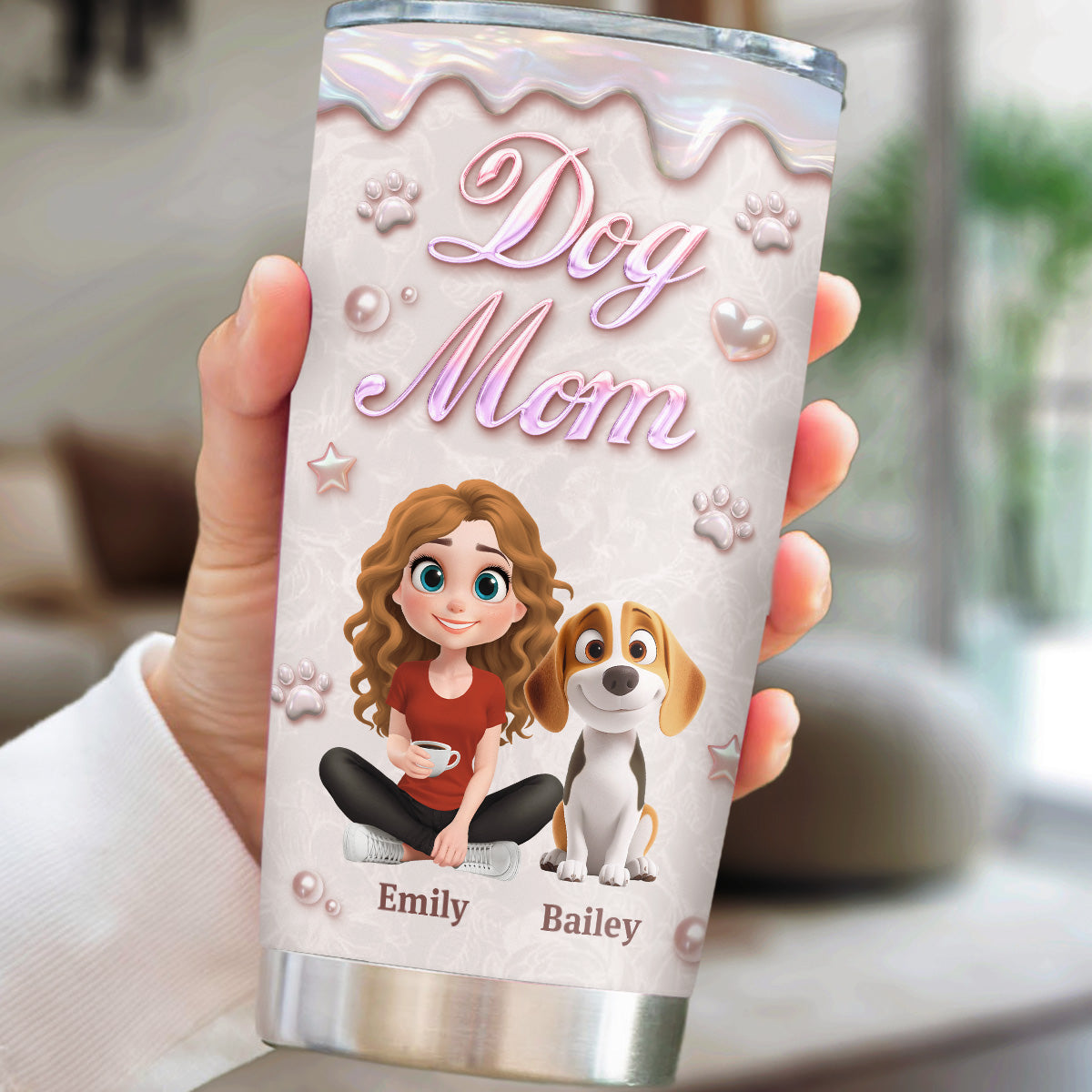 Custom Christmas Birthday Gifts For Dog Mom, Dog Lovers • Sparkling Pearl Dog Mom - Personalized 3D Effect Tumbler