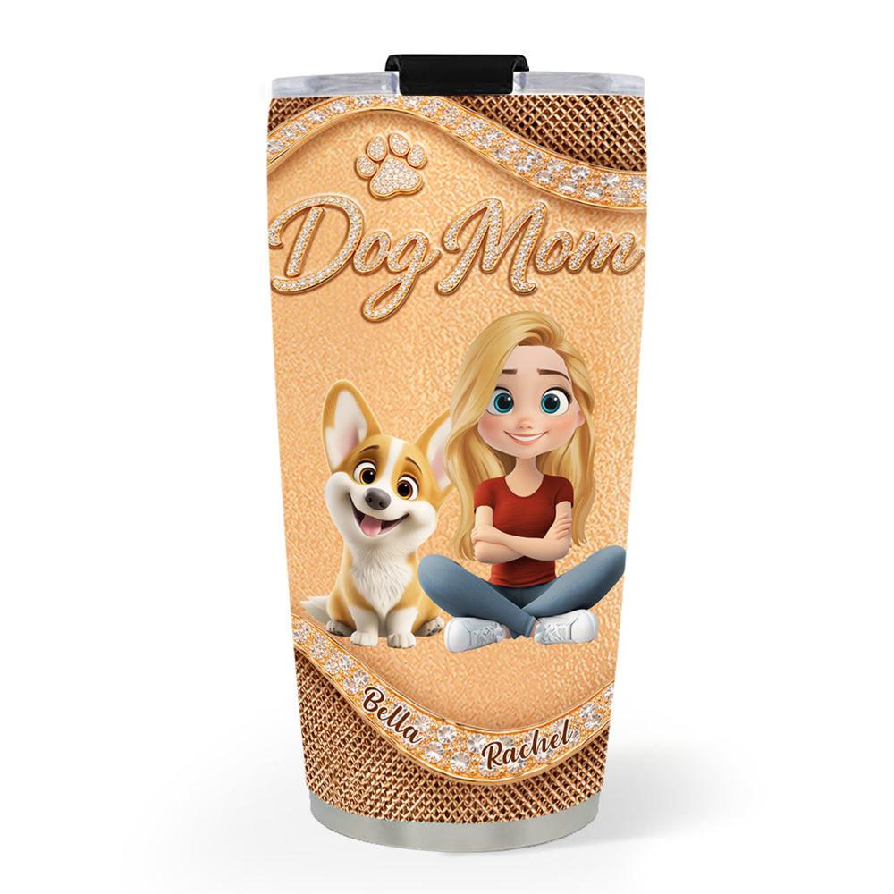Custom Christmas Birthday Gifts For Dog Mom, Dog Lovers • Gold Chibi Dog Mom - Personalized 3D Effect Tumbler
