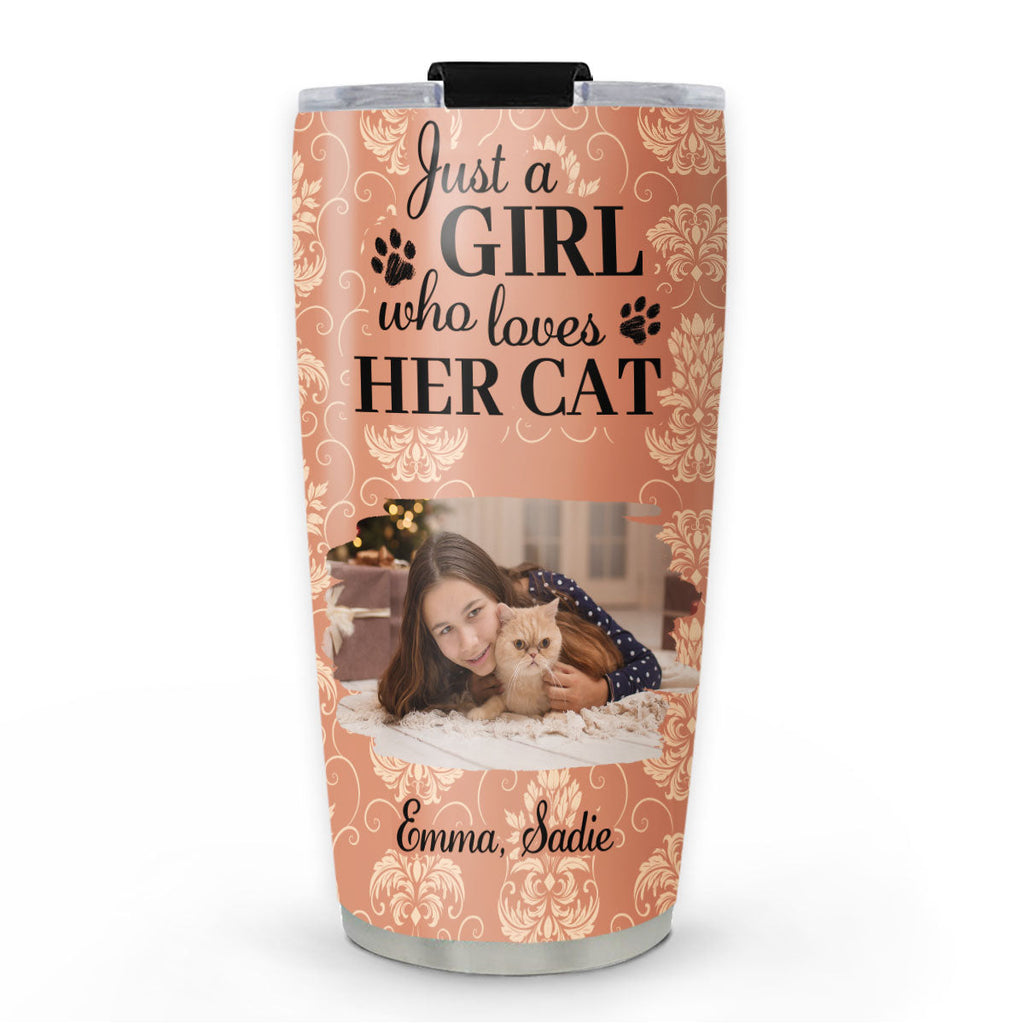 Custom Photo Christmas Birthday Gifts For Cat Mom, Cat Lovers • Pumskin Cat And Girl Photo - Personalized Tumbler