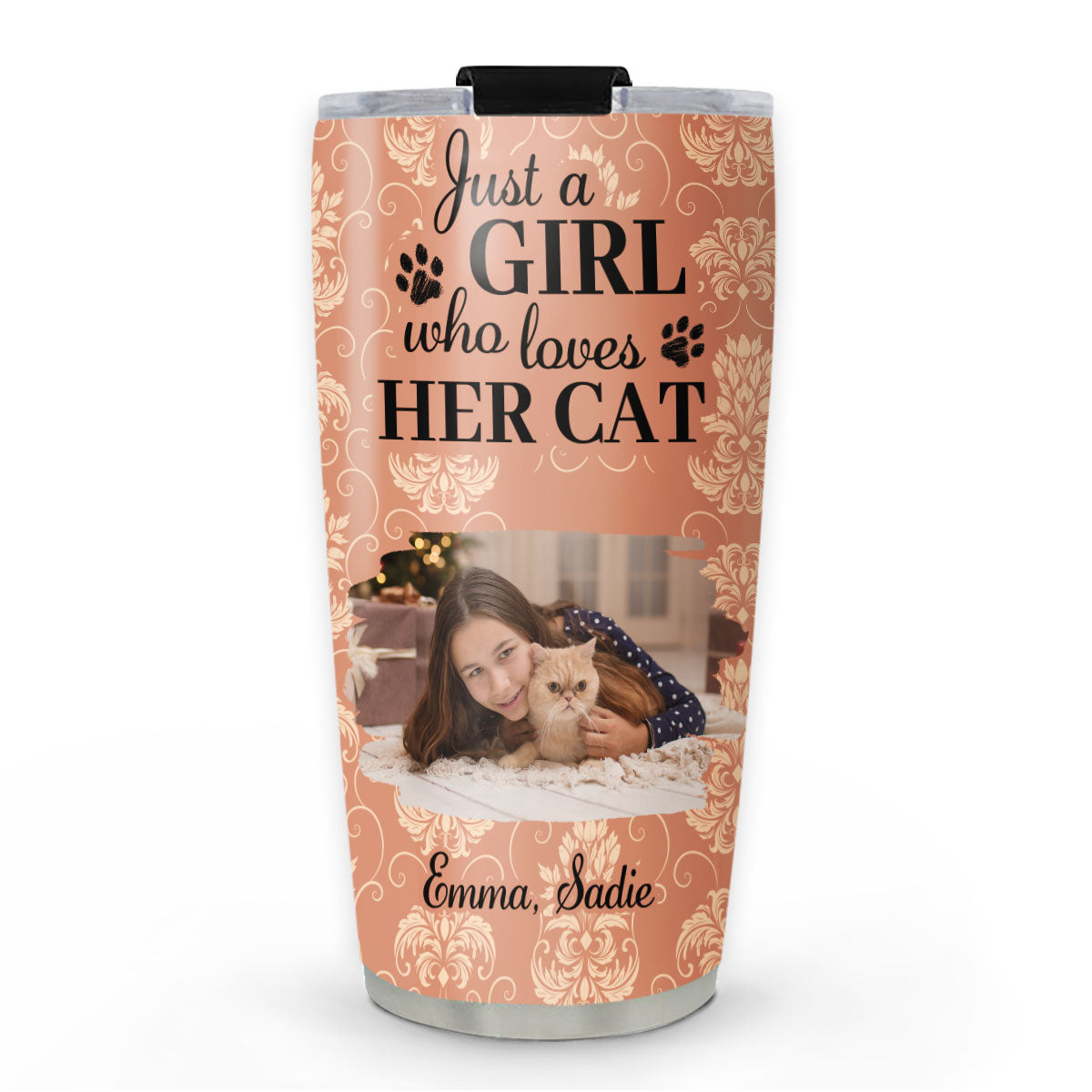 Custom Photo Christmas Birthday Gifts For Cat Mom, Cat Lovers • Pumskin Cat And Girl Photo - Personalized Tumbler