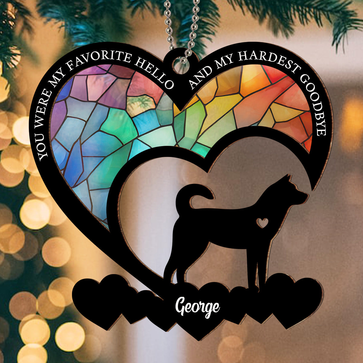 Custom Christmas Memorial Sympathy Gifts For Dogs, Cats • Favorite Hello And Hardest Goodbye - Personalized Suncatcher Ornament