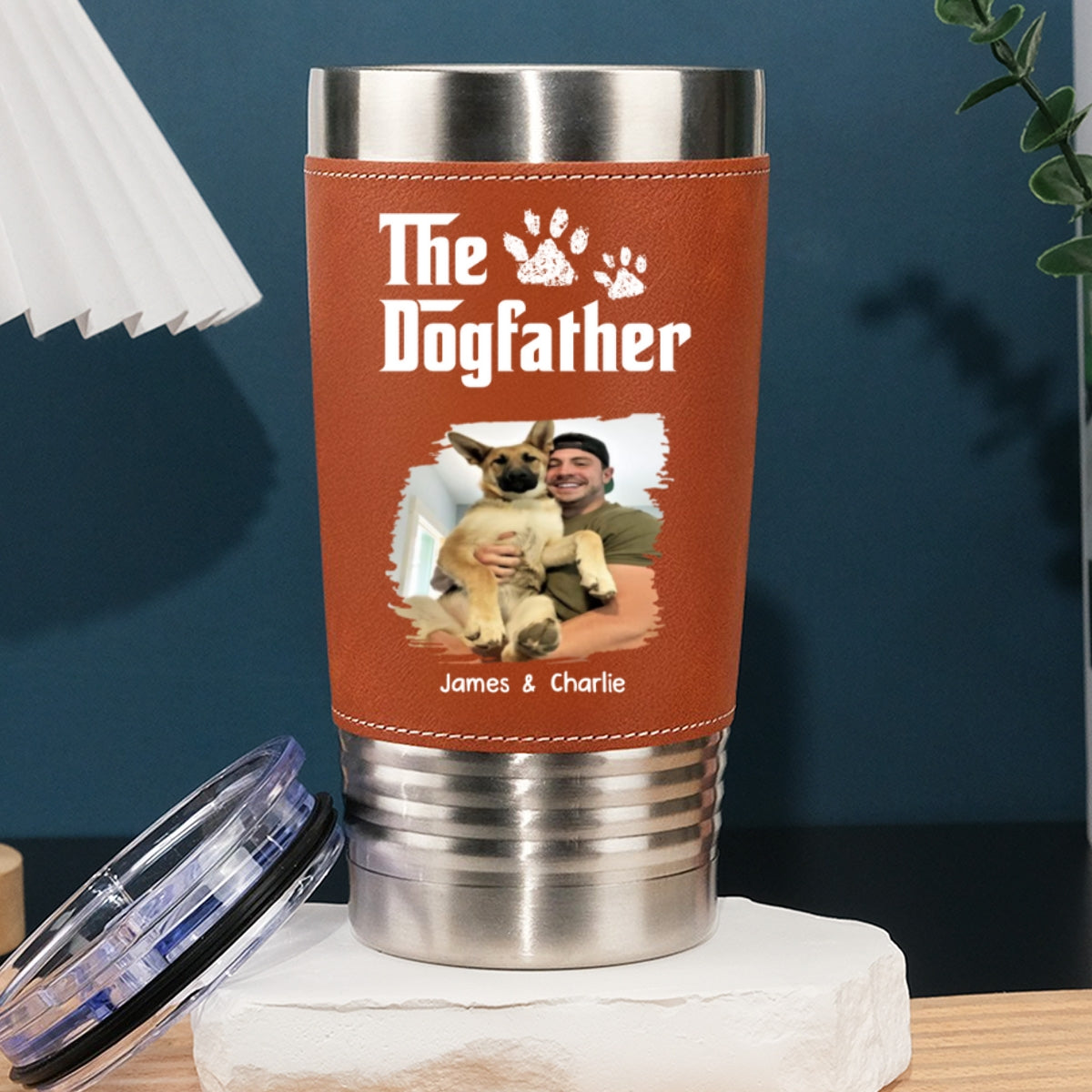 Custom Photo Christmas Birthday Gifts For Dog Dad, Dog Lovers • Cool Dog Father Photo - Personalized Leather Tumbler