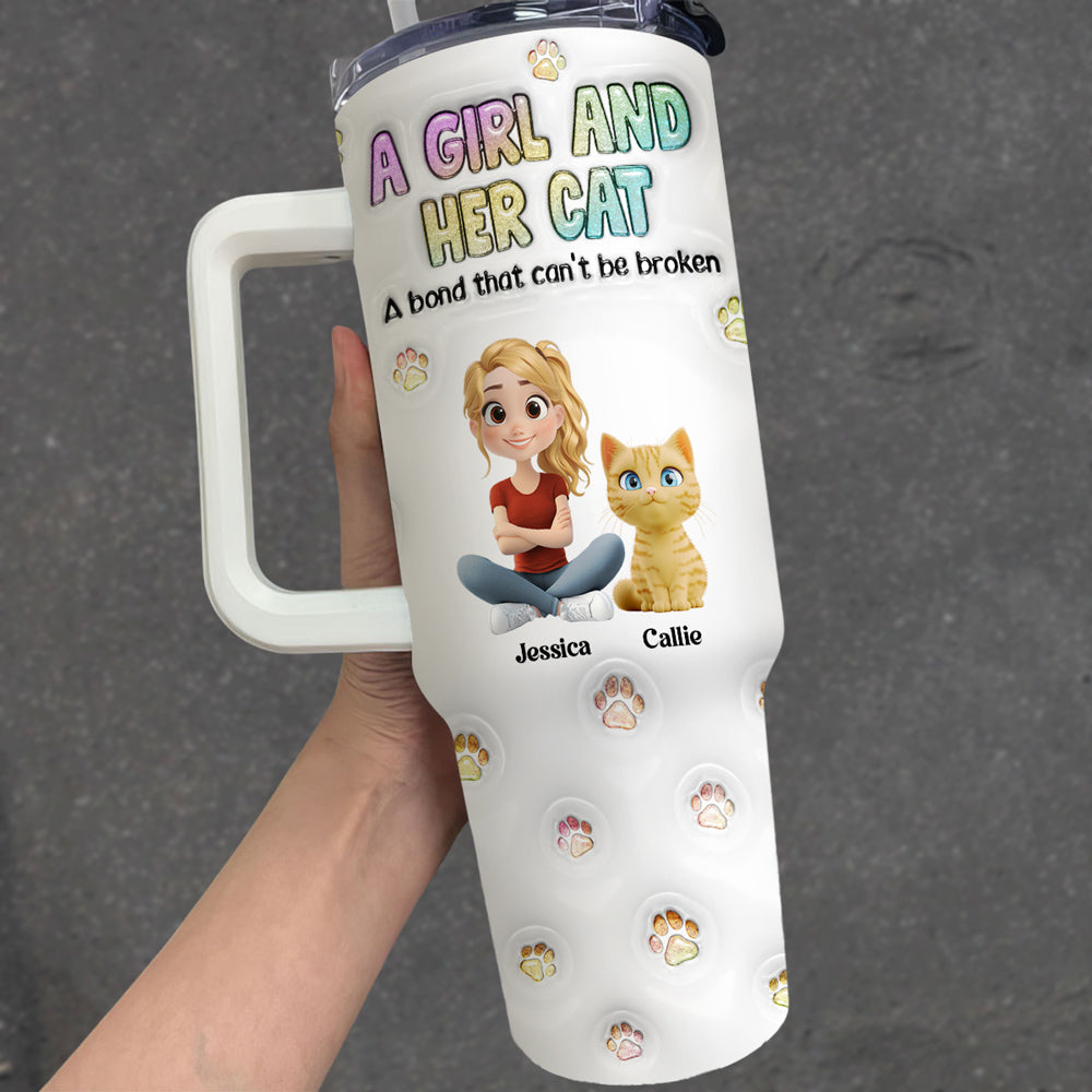 Custom Christmas Birthday Gifts For Cat Mom, Cat Lovers • A Girl And Her Cat - Personalized 3D Inflated Effect Printed 40 Oz Tumbler