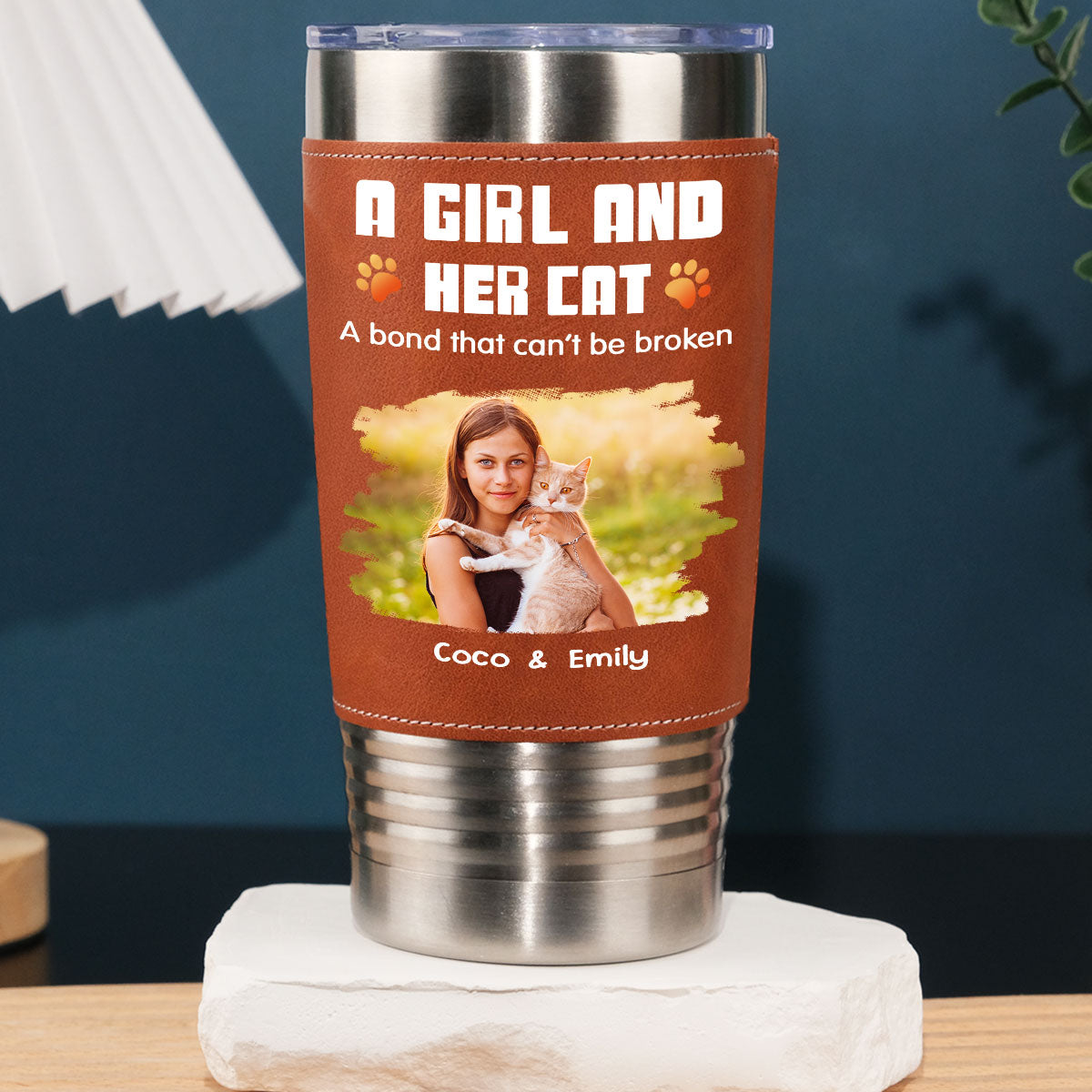 Custom Photo Christmas Birthday Gifts For Cat Lovers • Human And Their Cat Cartoon Christmas Photo - Personalized Leather Tumbler