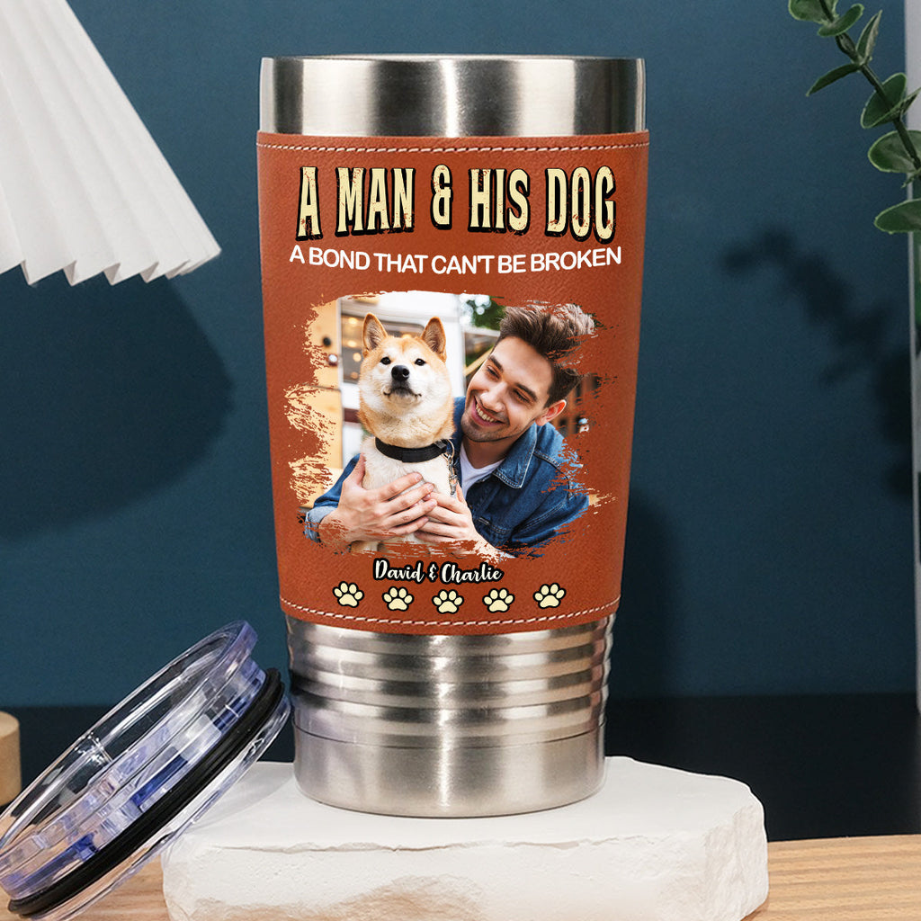A Man And His Retro Dog Photo - Personalized Leather Tumbler