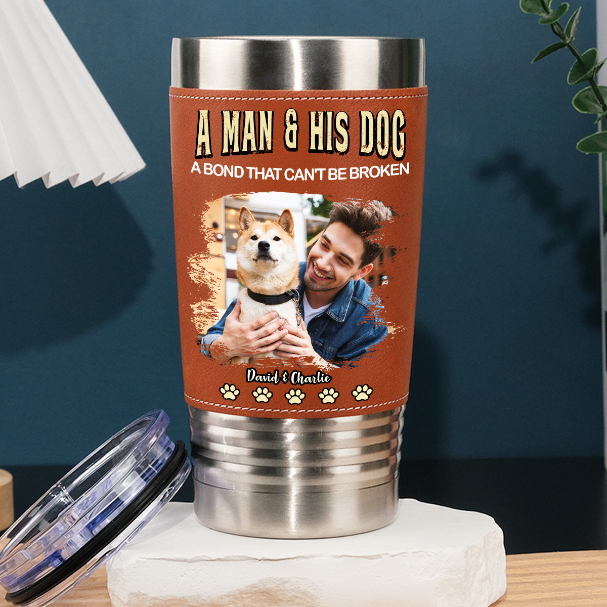 A Man And His Retro Dog Photo - Personalized Leather Tumbler