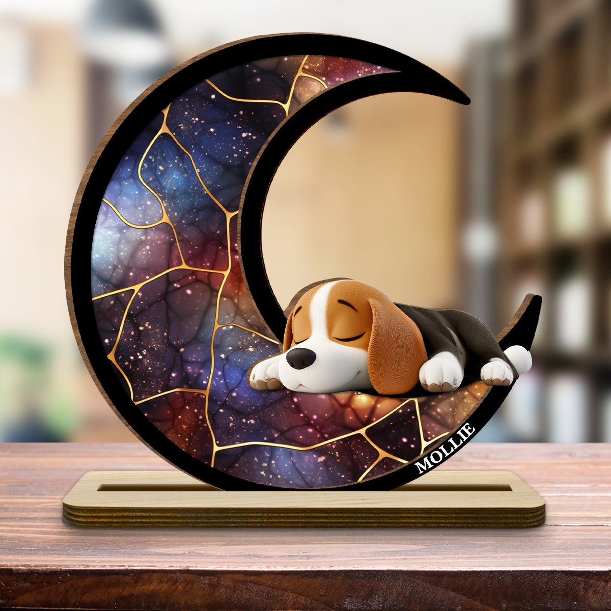 Dog On The Moon - Personalized 2-Layer Wood Plaque With Flat Base