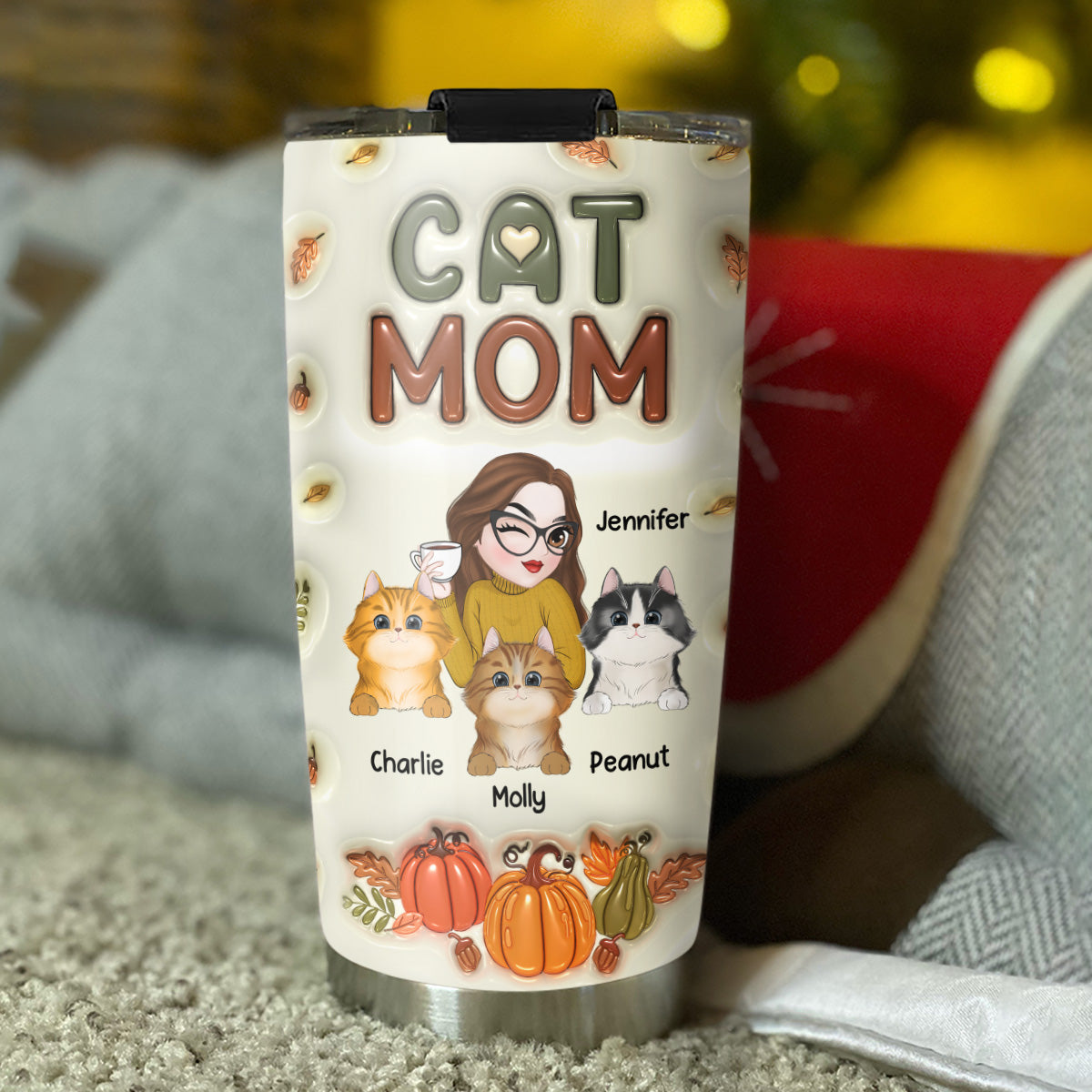 Custom Christmas Birthday Gifts For Pet Lovers • Cat Mom Autumn Version - Personalized 3D Inflated Effect Tumbler