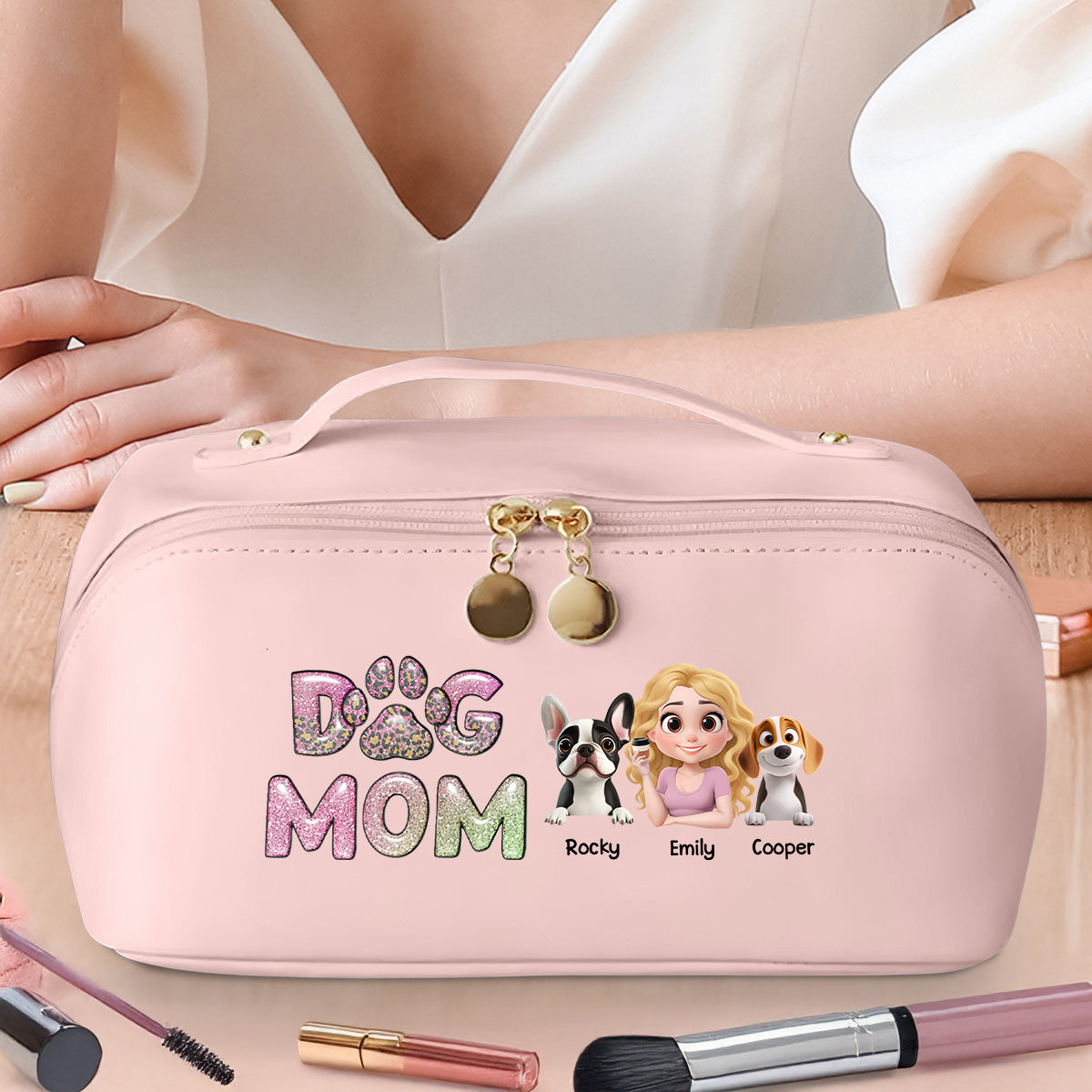 Dog Mom Lovely Chibi - Personalized Leather Makeup Bag