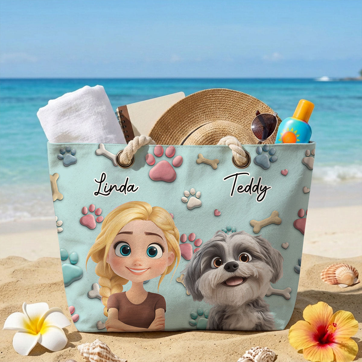 Dog And Human Cartoon - Personalized Beach Bag