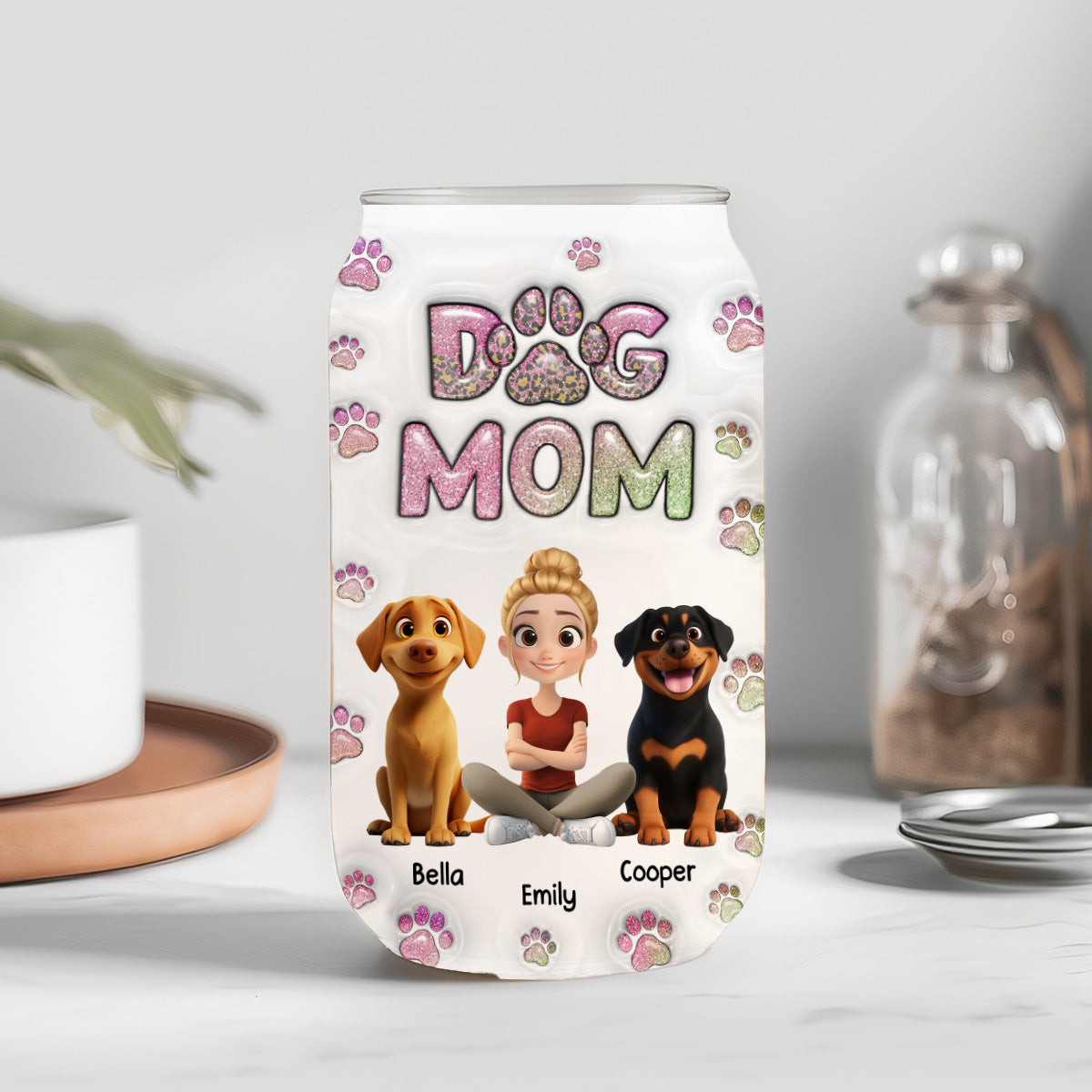 Dog Mom Lovely Chibi - Personalized 3D Inflated Effect Glass Can