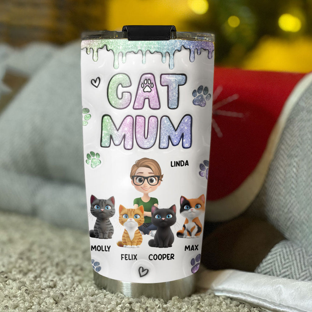 Custom Christmas Birthday Gifts For Cat Mom, Cat Lovers • Lovely Chibi Cat Mom - Personalized 3D Inflated Effect Tumbler