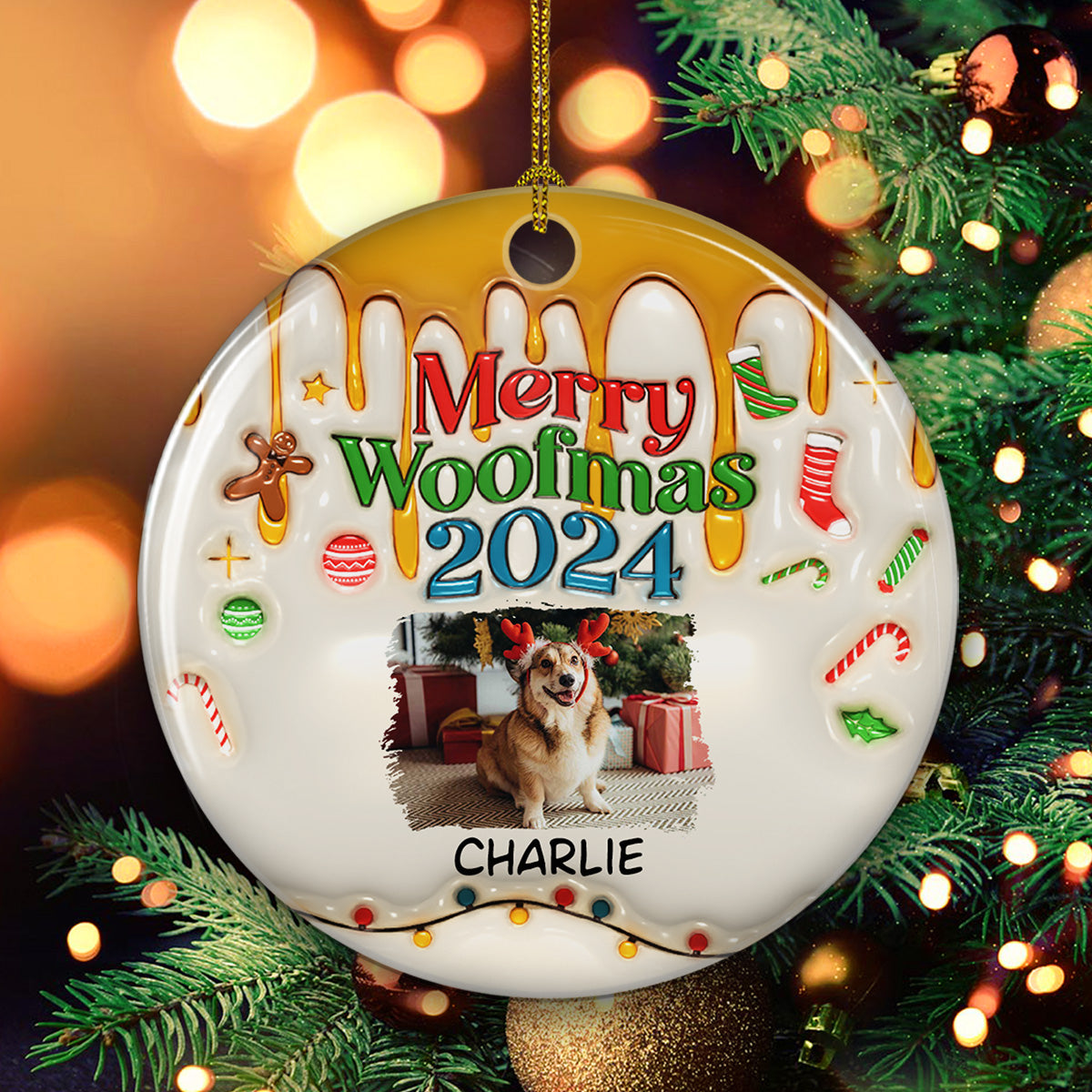 Happy Woofmas Photo - Personalized 3D Inflated Effect Ceramic Ornament