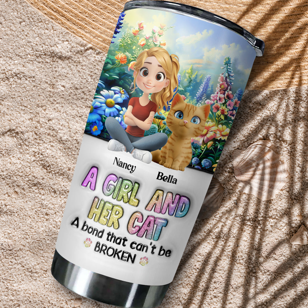 Custom Christmas Birthday Gifts For Cat Mom, Cat Lovers • A Girl And Her Lovely Cat - Personalized 3D Inflated Effect Tumbler