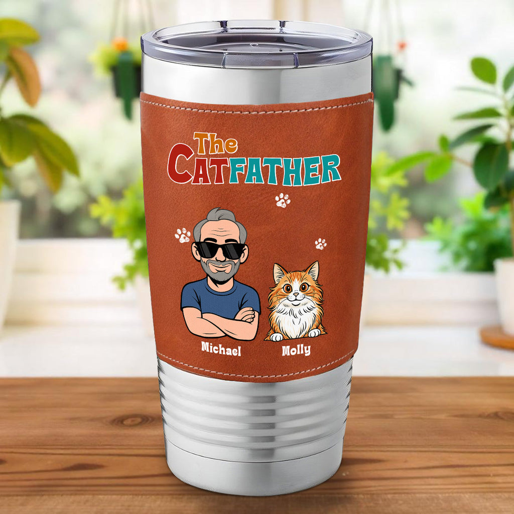 Custom Christmas Birthday Gifts For Cat Dad, Cat Lovers • Retro Cat Father - Personalized Leather Tumbler