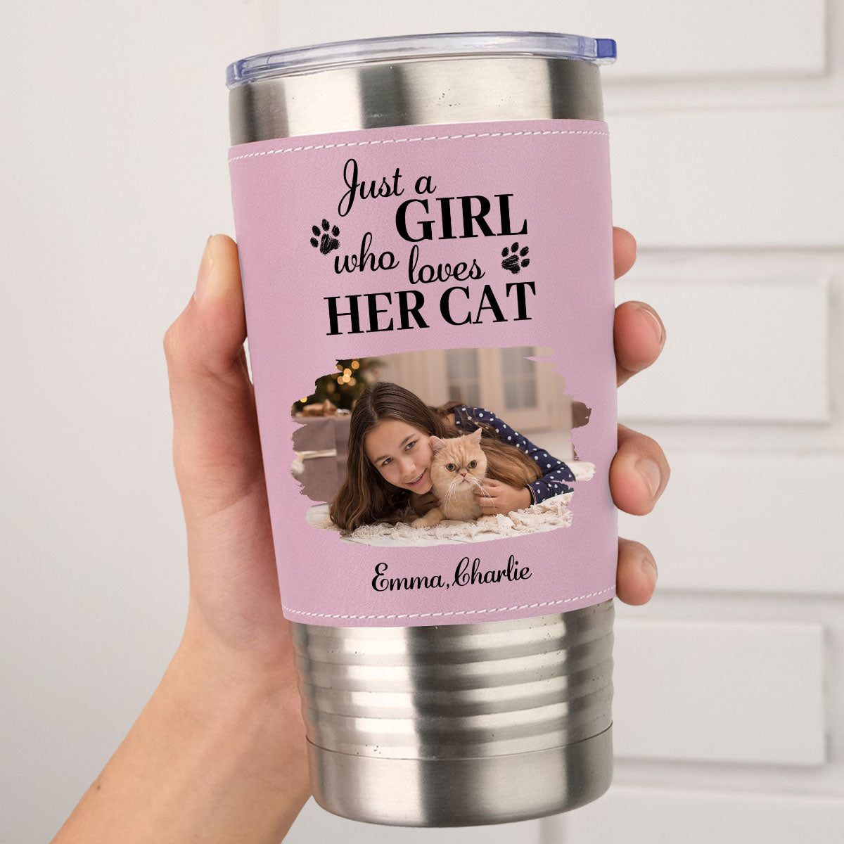 Custom Photo Christmas Birthday Gifts For Cat Mom, Cat Lovers • Pumskin Cat Autumn Photo - Personalized Pink Leather Tumbler