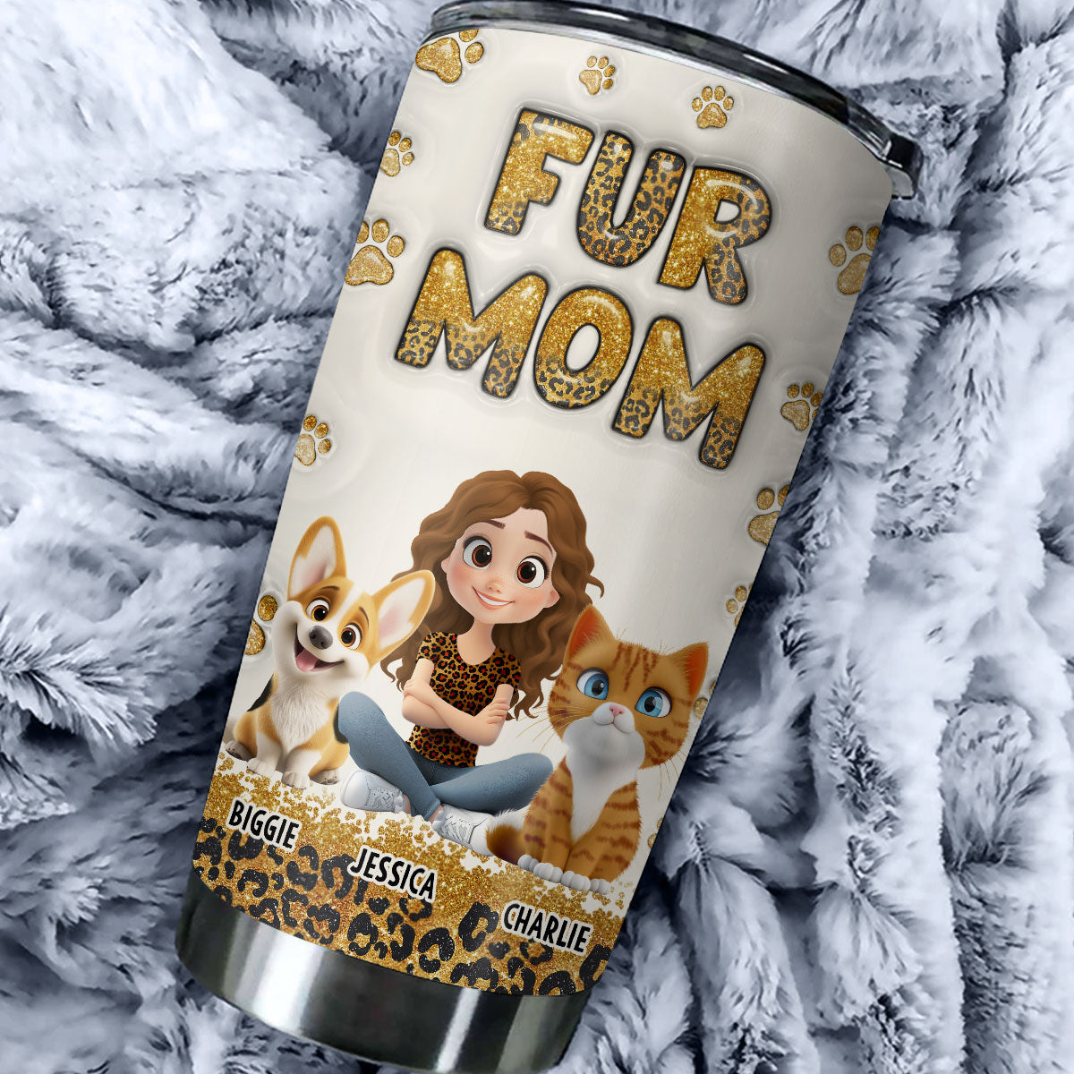 Custom Christmas Birthday Gifts For Cat Mom, Cat Lovers • Fur Mom Leopard - Personalized 3D Inflated Effect Tumbler