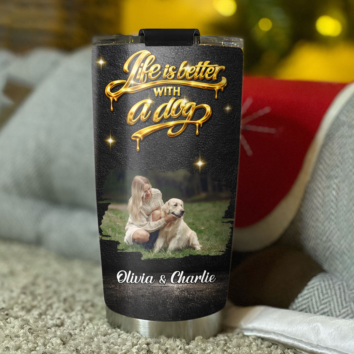 Custom Photo Christmas Birthday Gifts For Dog Mom, Dog Lovers • Golden Dog Mom Photo - Personalized 3D Effect Tumbler