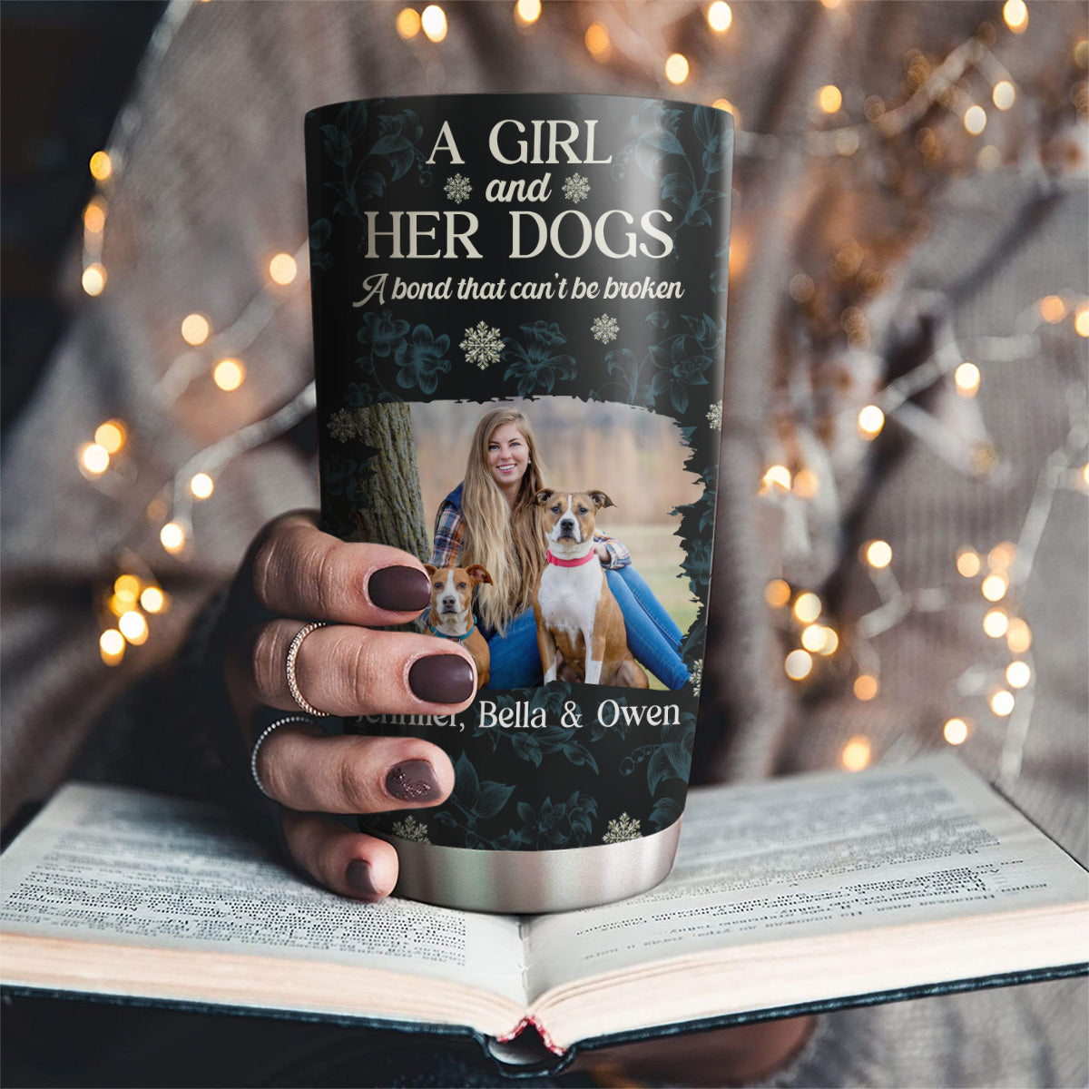 Custom Photo Christmas Birthday Gifts For Dog Mom, Dog Lovers • Charming Christmas Girl And Dogs Photo - Personalized Tumbler