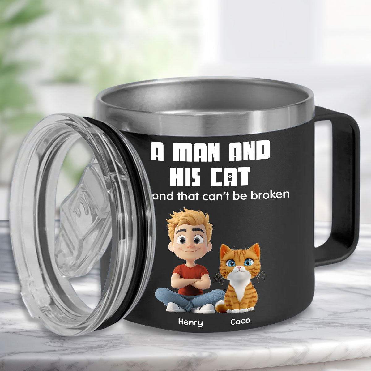 Custom Father's day Birthday Gifts For Cat Dad, Cat Lovers • Best Dad Ever Cat Ver - Personalized 14oz Stainless Steel Tumbler With Handle
